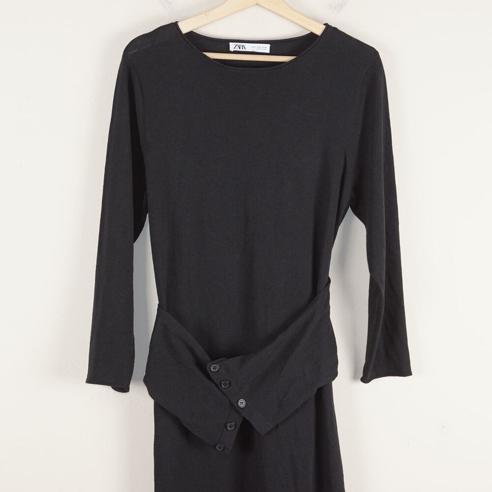 Zara Black Sash Waist Midi Linen Blend Knit Midi Dress Womens Sz M